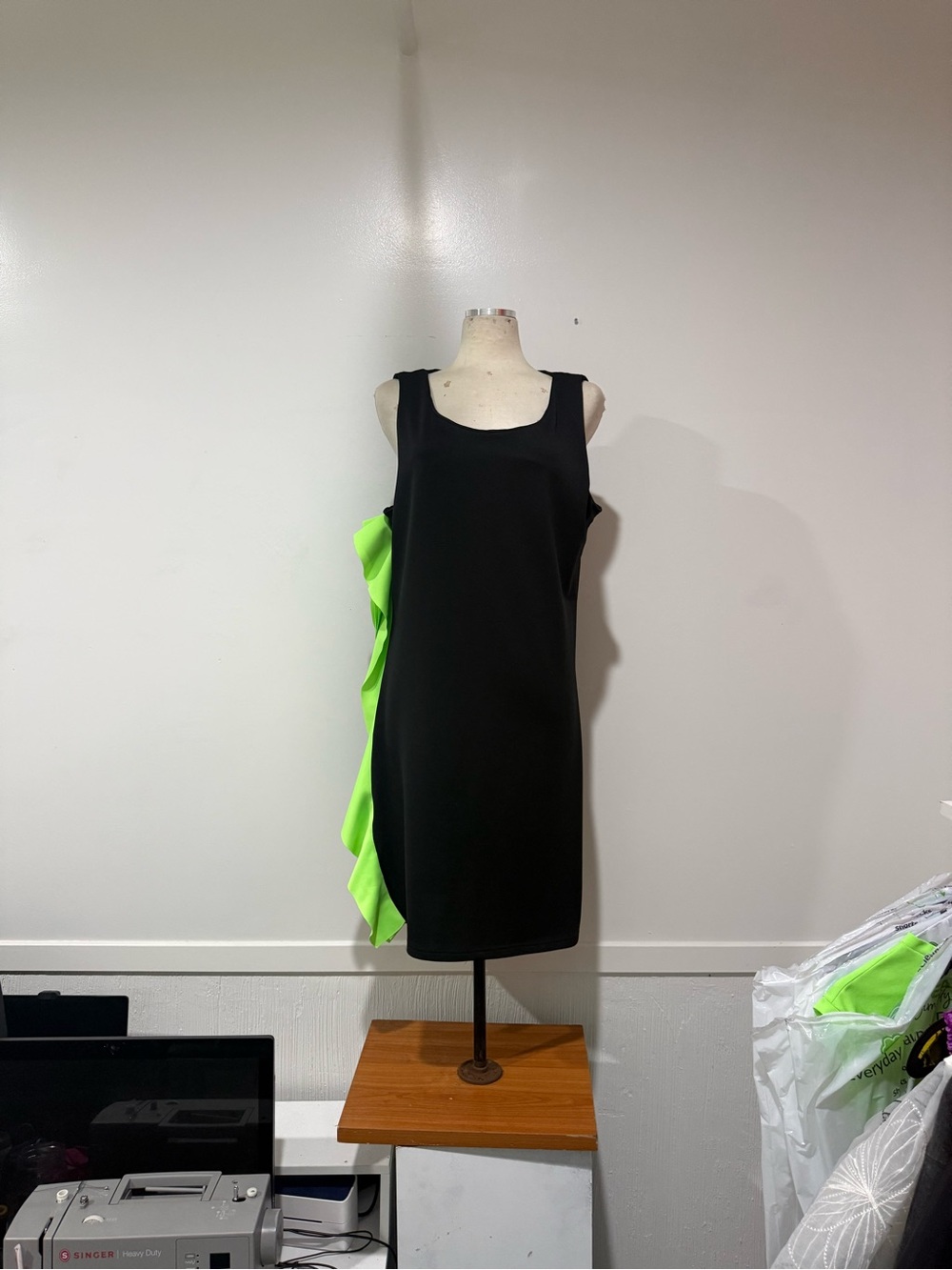 Black Mini Dress with Neon Green Ruffle Accent